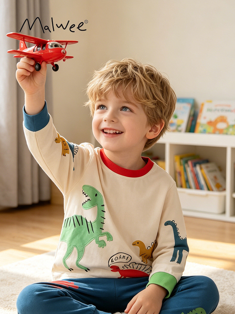 Malwee transfronterizo camiseta de niño otoño y invierno nuevo estilo europeo y americano para niños de cuello redondo impresión camiseta legging casual ropa infantil