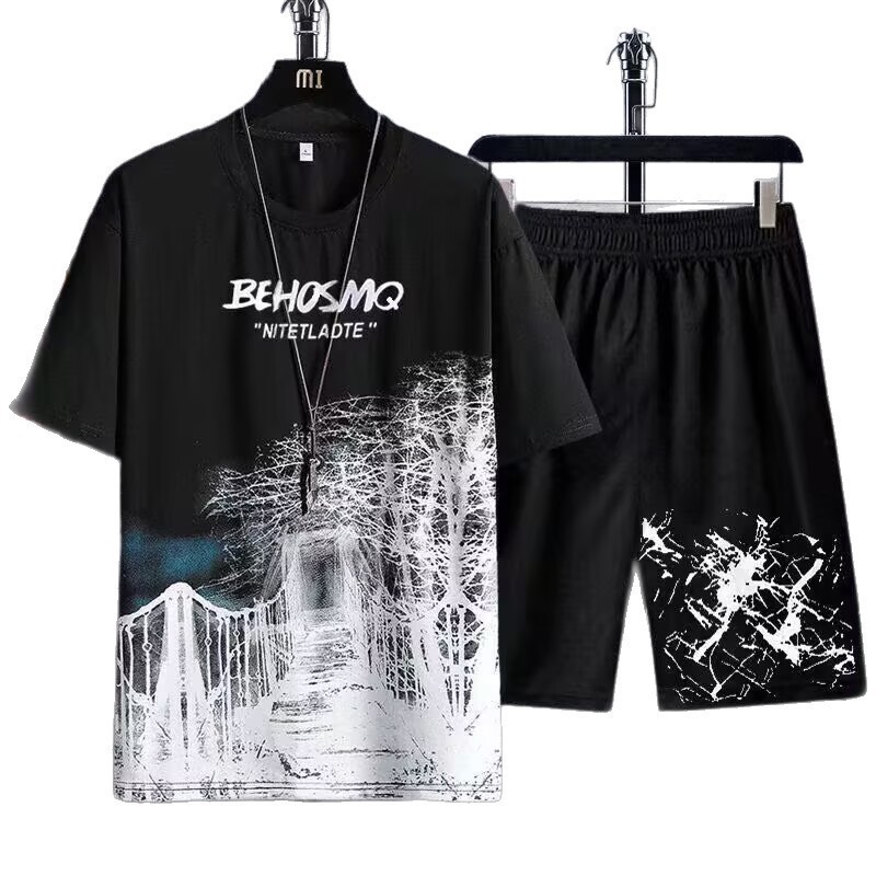 2026 verano nuevo juego de pantalones cortos de mangas cortas deportivas para hombres de tamaño grande casual suelto versátil mangas cortas al por mayor comercio exterior