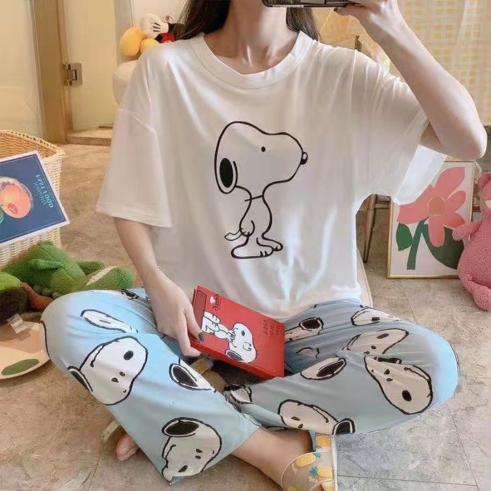 女性のためのパジャマ夏半袖韓国スタイル春と秋のかわいいズボン薄い 2025 ルーズホーム服セット大きいサイズ漫画