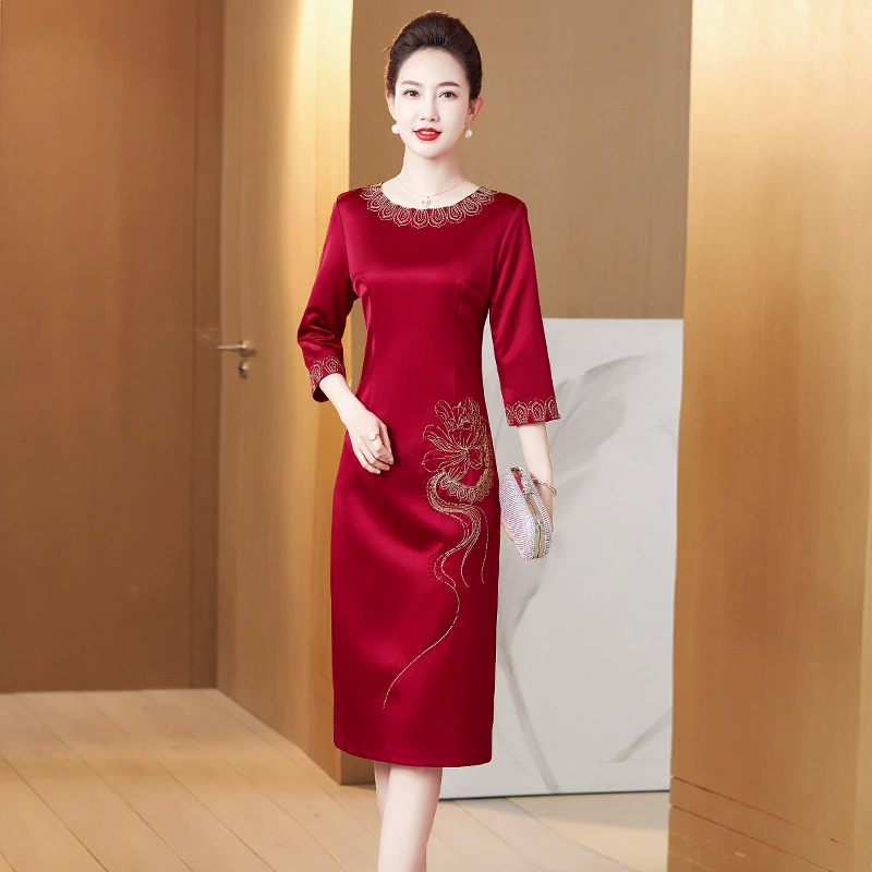 Весенне-осеннее платье для мамы с вышивкой на круглом вырезе Dateful Atmosphere, Счастливое Платье-Ципао для свадебного банкета, улучшенное платье-Ципао