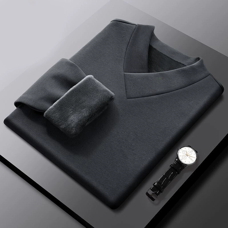 Футболка с длинным рукавом на флисовой подкладке Мужская 2023 осенне-зимняя новая бархатная рубашка Silver Fox с V-образным вырезом Джокер Повседневная теплая Базовая рубашка оптом