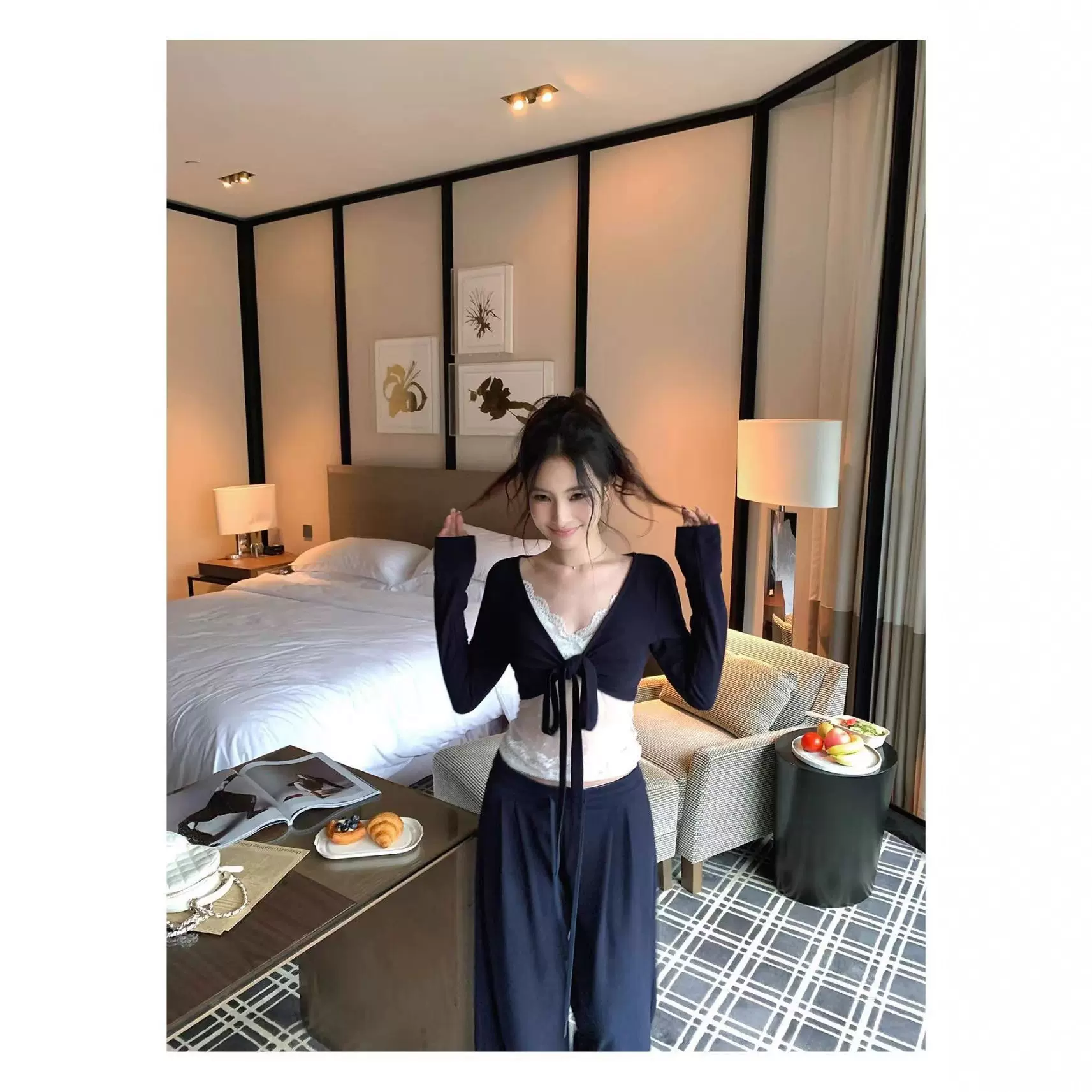 早秋新款纯欲性感蕾丝吊带背心+V领罩衫上衣女