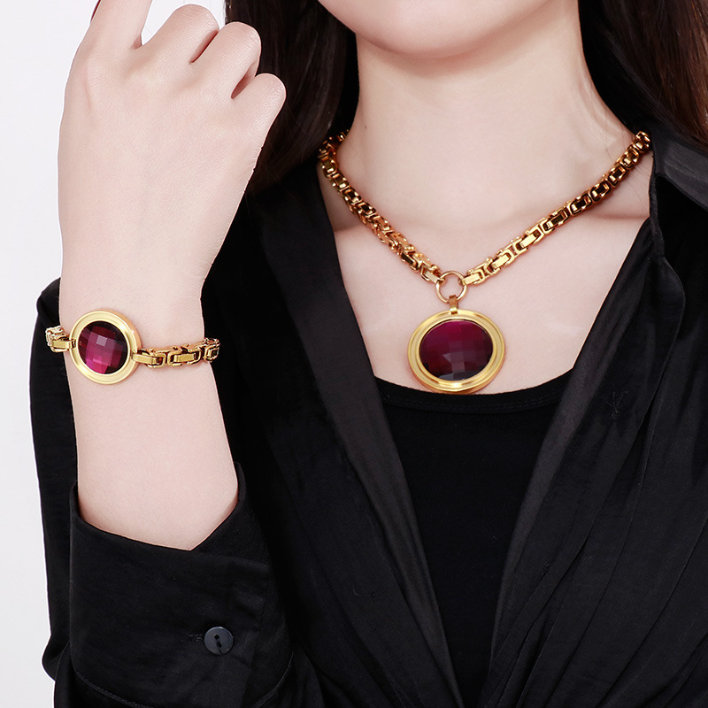 Fashion New Stainless Steel Single-piece Chain Round Multi-color Glass Stone Female Bracelet And Necklace Set display picture 4