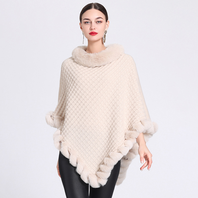 Fur collar cape cape women's knitted pullover sweater cape coat_voghion.com