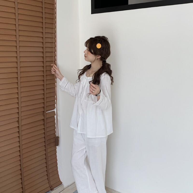 Korean-Style Solid Color Doll Collar Cute Lace Bow Long-Sleeve Long Pants Autumn New Home Pajama Set