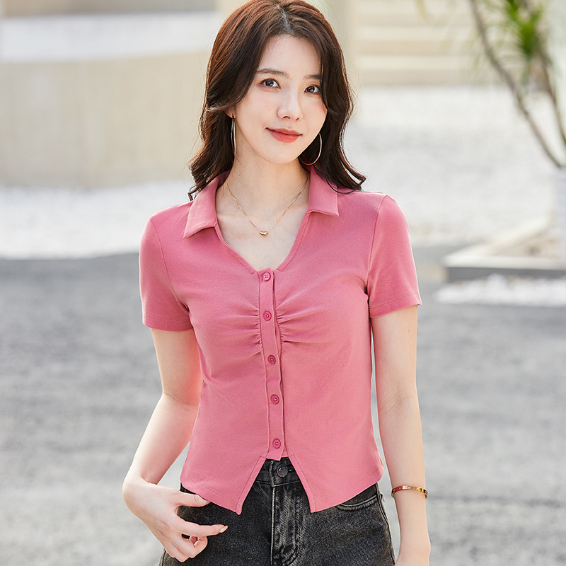 Lapel Button Pleated Cardigan Sweet Casual High-end Short-sleeved Women's T-shirt Korean-style Slim-fit Stingy Cotton Top 231