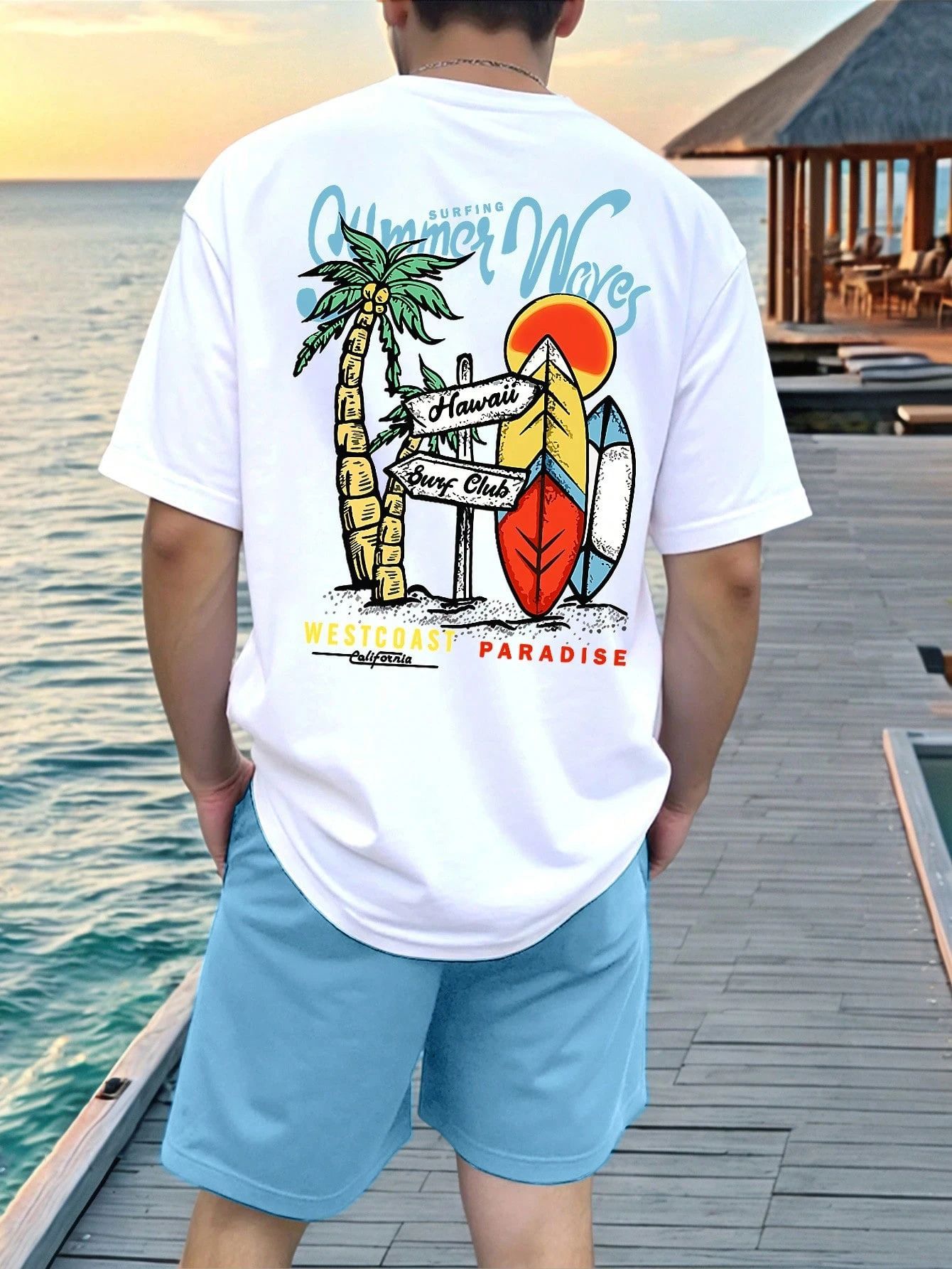 Men's Casual Style T-Shirt Short Sleeve Round Neck Street Style Printed Letter Breathable Summer Soft Set Los Angeles Theme_viptrois.com