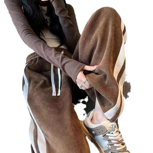 Striped Corduroy Pants for Girls with Fleece Lining, Thickened, Slim Fit Wide Leg Casual, Slimming High-Waisted Straight-Tailored Floor-Length Pants