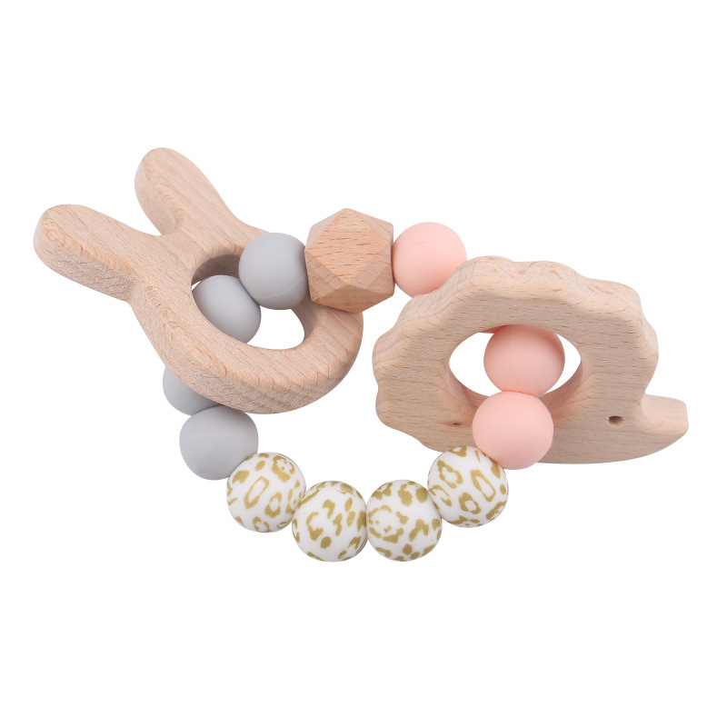 Nuevo bebé conejo bordado pulsera de goma de madera DIY bebé perlas de silicona juguetes de mordida de dientes varilla de molienda