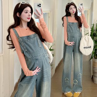 Spring New Pregnant Women Loose Slimming Wide-leg Denim Overalls Pregnant Women's Top Sweet Casual Trendy Mom's suit