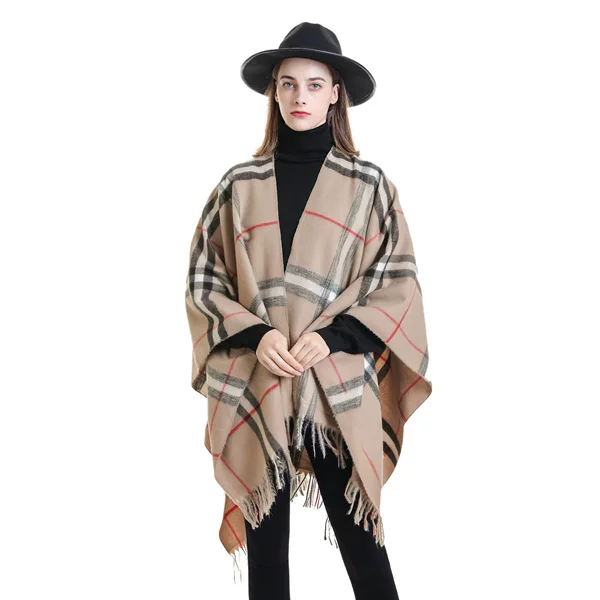 2026 Hot-Selling Cross-Border Amazon Gradient Plaid Shawl Cape Autumn and Winter Warm Blanket with Tassels
