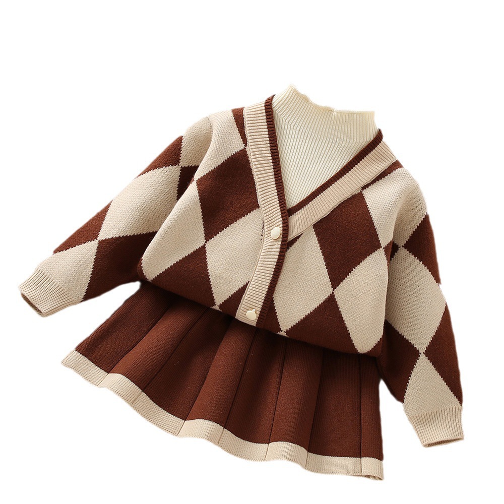 Conjunto de punto para niñas dos piezas, cuello en V falso, manga larga – estilo coreano otoño-invierno.