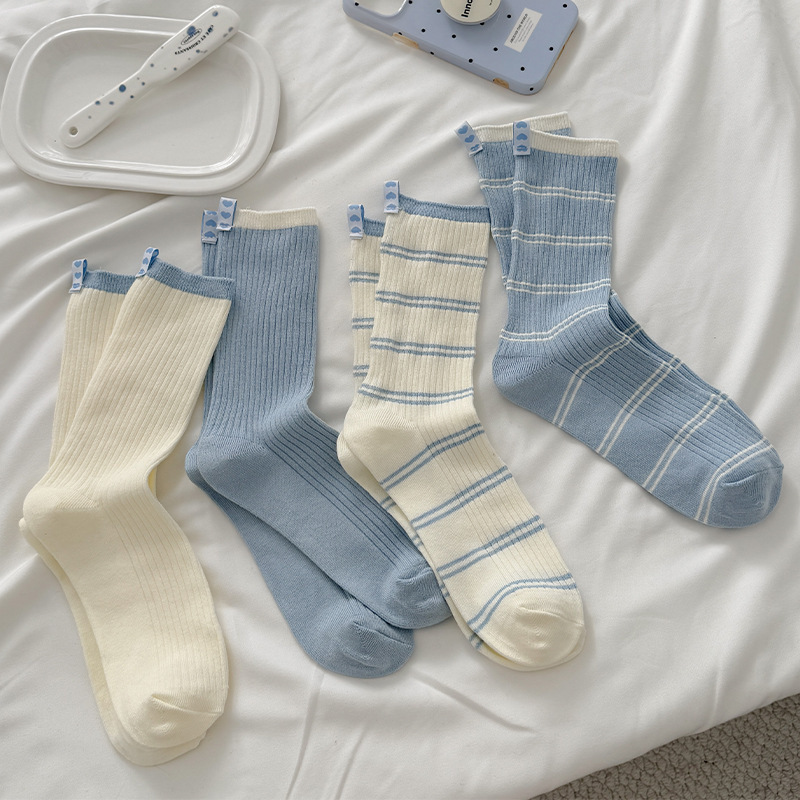 Japanese-Style Cream Blue Striped Socks for Women, Spring and Summer Mid-Calf Pure Cotton Double-Needle Socks with Fabric Label on the Heel, Long Stacked Socks