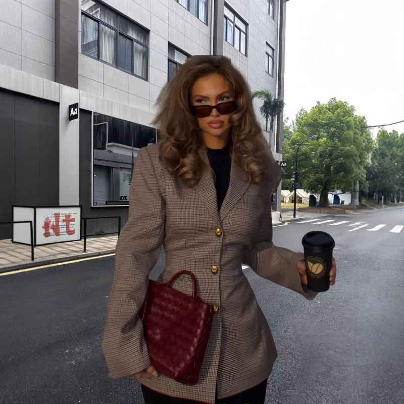 European and American Cross-border 2024 Autumn and Winter Lapel Long-sleeved Waist Plaid Jacket Fashion Autumn and Winter Elegant Slim-fit Suit Jacket European and American Cross-border 2024 Autumn and Winter Lapel Long-sleeved Waist Plaid Jacket Fashion Autumn and Winter Elegant Slim-fit Suit Jacket