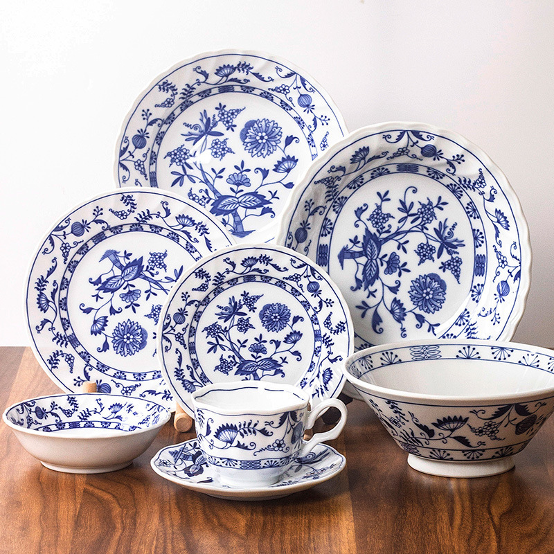 Japanese Imported Braised Blue and White Flowers Blue and White Flowers Household Flat Plate Soup Plate Household Round Dessert Plate