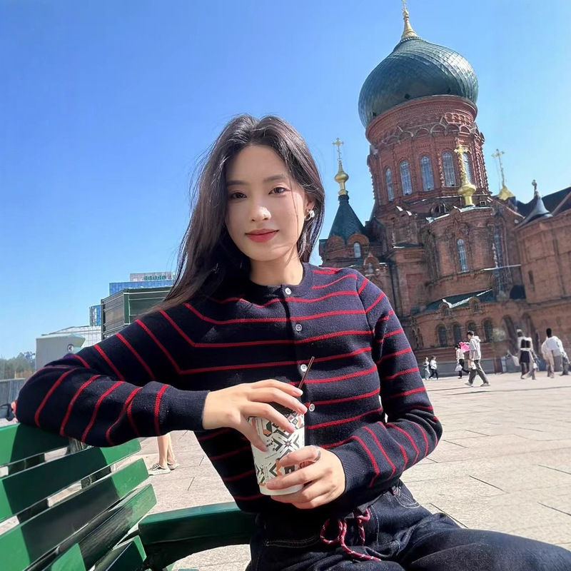 Yangzi Imitation Wool Korean Retro Style Striped Elegant Versatile Slimming Knitted Sweater Cardigan Top Women's Clothing