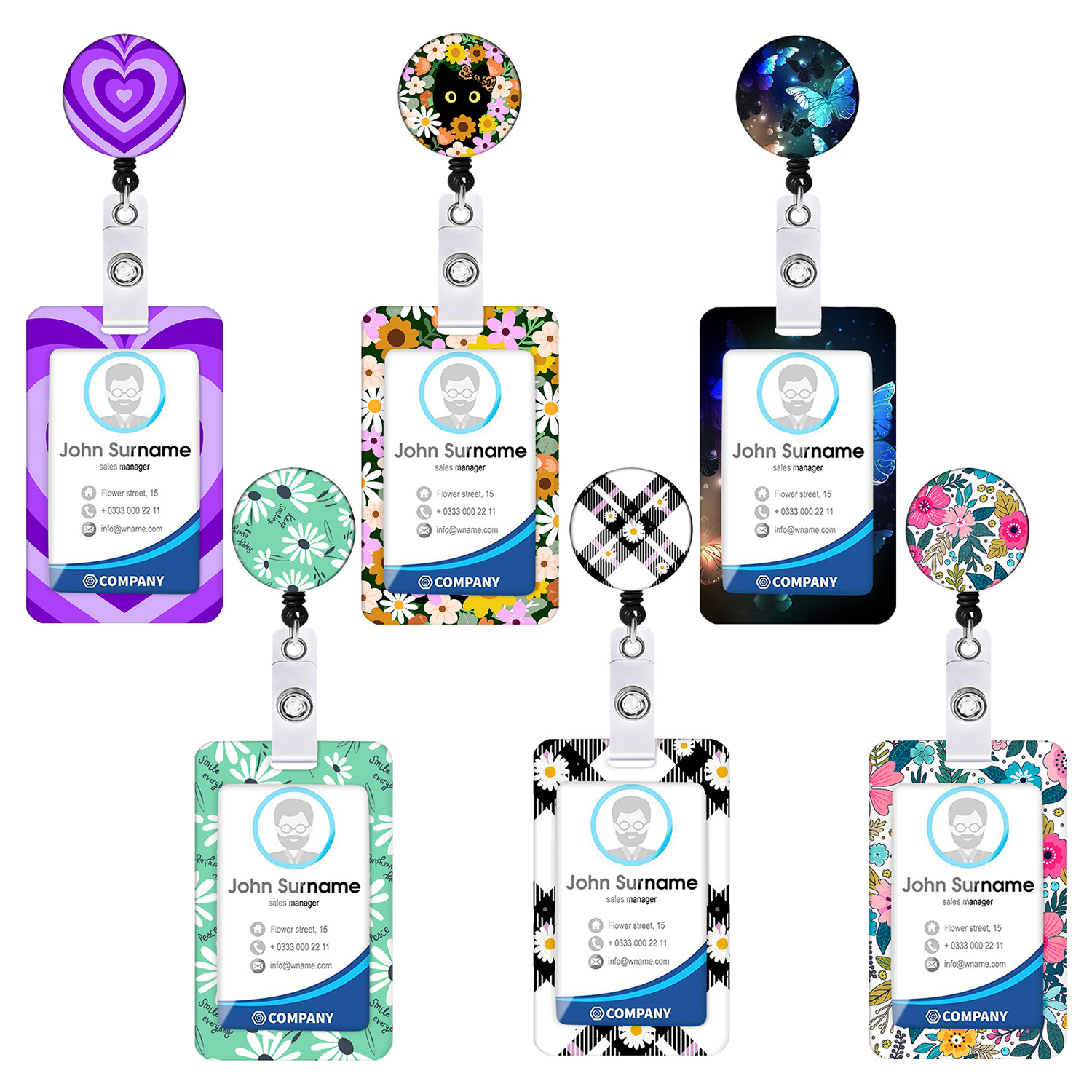 Amor gato negro mariposa flor impresión en color retráctil fácil tire hebilla teléfono móvil ID hebilla cordón titular de la tarjeta