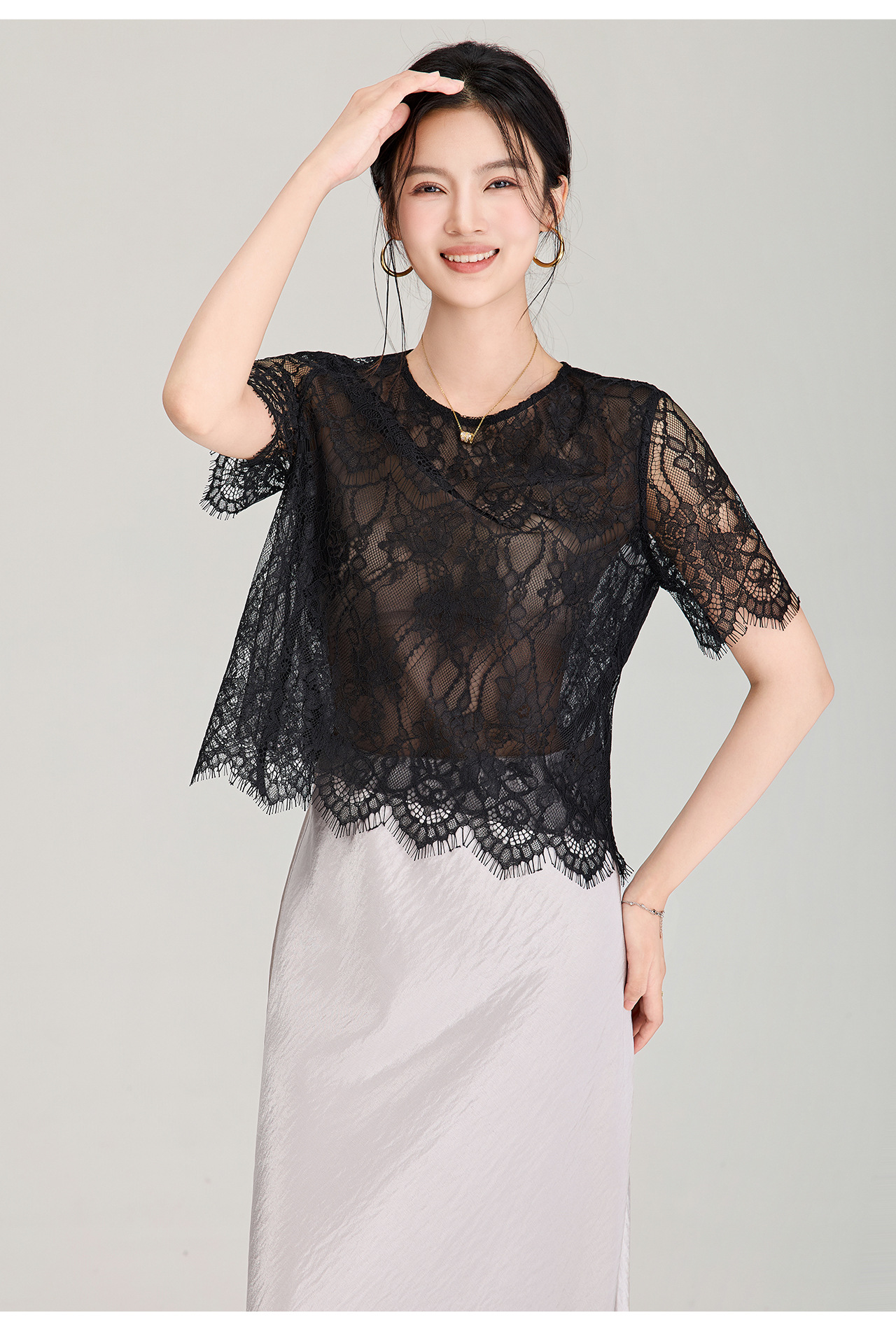 Áo thun nữ cổ tròn tay ngắn ren viền cổ phong cách Pháp — màu đen chi tiết 20