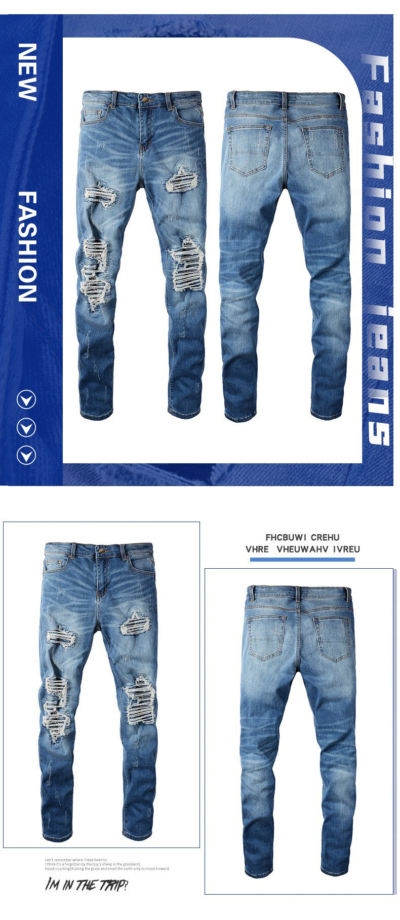 Jeans uomo slim fit stile street con strappi e toppe patchwork_voghion.com