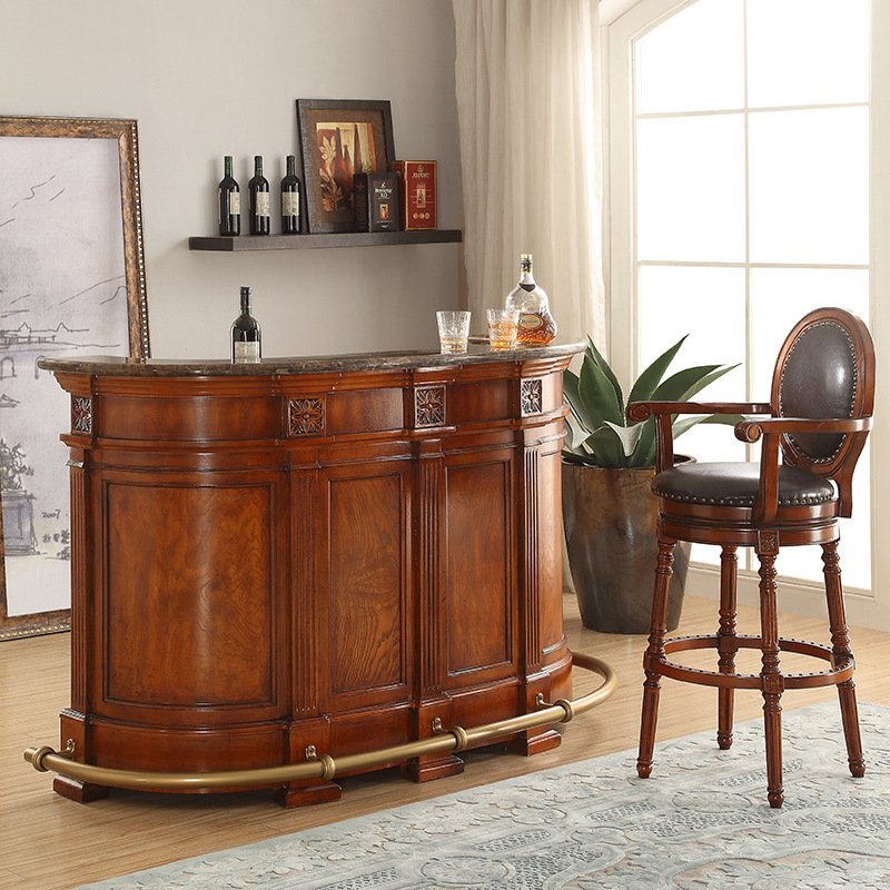 American Style All Solid Wood Bar Table Household Entrance Marble Backrest Bar Chair European Style Vintage Partition Wine Cabinet Wall