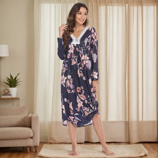 Winter Amazon European and American Women's Nightgown Imitation Cotton Printed Lace Splicing V Neck Long-Sleeved Long Skirt Home Wear Pajamas for Women