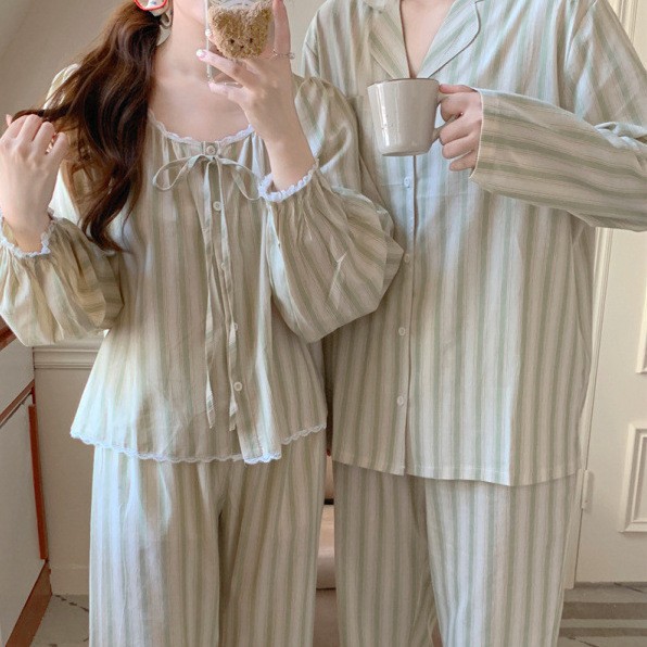 韩国ins女士春季新款情侣睡衣韩版宽松格子长袖休闲家居服套装女