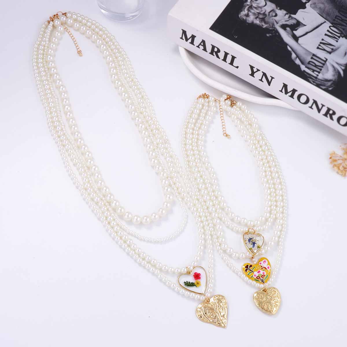 Imitation Pearl, Zinc alloy Material Women's Imitation Pearl Zinc Alloy Beaded Chain Heart Shape Flower Layered Necklaces Imitation Pearl Jewelry