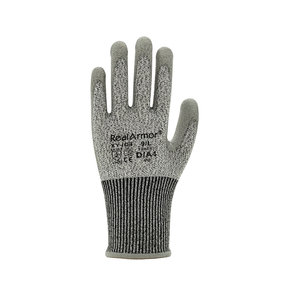 Guantes de protección con certificación CE EN388, resistentes a cortes de nivel 5, material HPPE con recubrimiento de PU, resistentes al desgaste, antideslizantes, nivel D de resistencia a cortes.