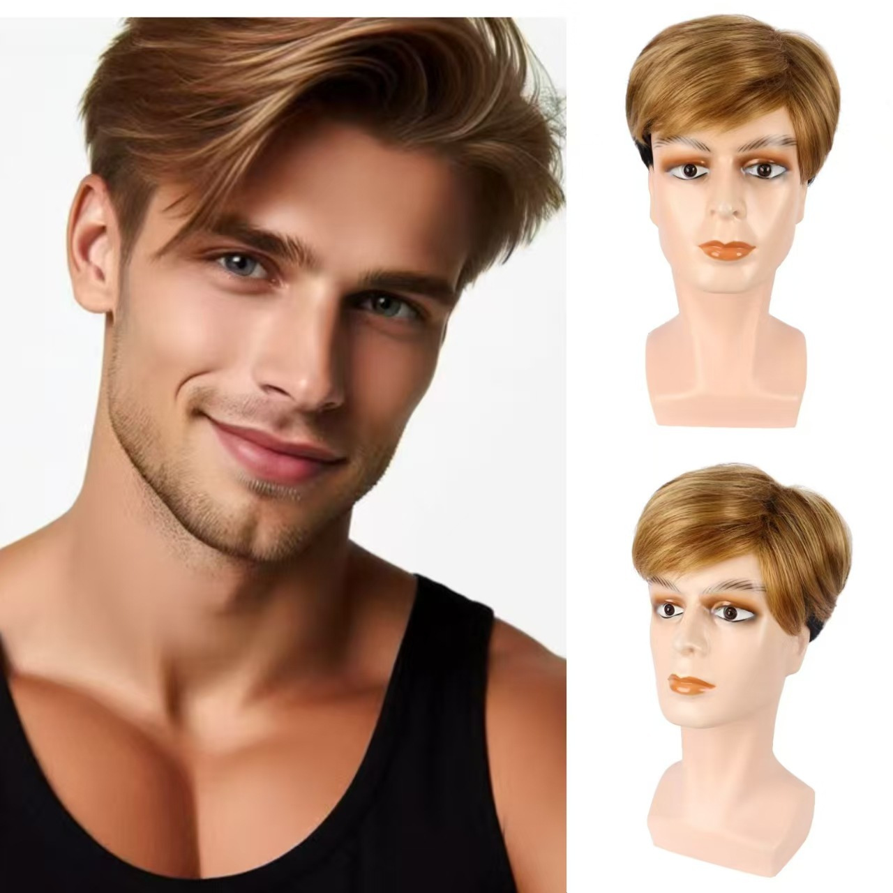 Amazon moda transfronteriza venta en caliente pelucas europeas y americanas para hombres marrón parcialmente corto cabello recto fábrica de stock