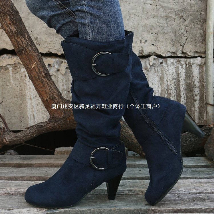 Plus-Size Kitten Heel Fashion Boots 2024 Autumn and Winter New Style High-Top Knee-High Round-Toe Buckle Women's Boots Temu