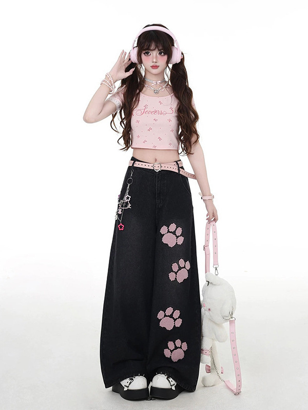甘くてクールな猫の足跡刺繍黒ワイドレッグジーンズ女性の夏の新しいハイウエストルーズストレートフロアモップパンツ|undefined