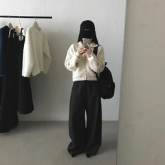 韩系风翻领撞色针织开衫女秋冬新款宽松显瘦甜美减龄软糯毛衣外套