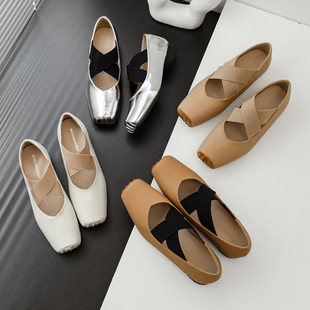 Women's Ballet Shoes Leather Square Toe French Vintage Shallow Mouth Cross Strap Pig Nose Soft Bottom Mary Jane Shoes