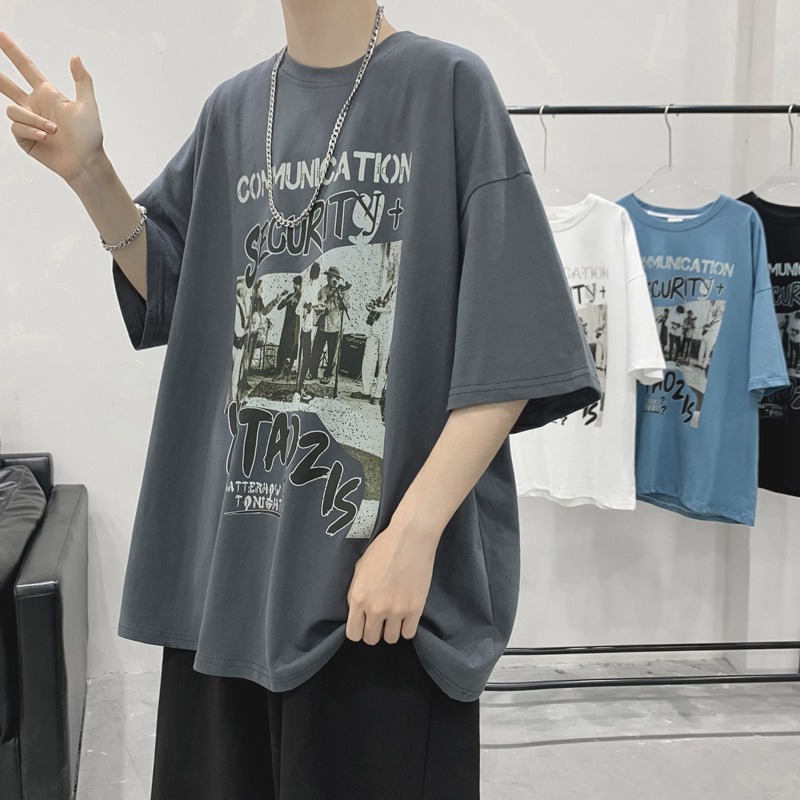 Camiseta de manga corta de los hombres más el tamaño suelto todo partido cuello redondo Camiseta verano ins casual estilo de Hong Kong guapo media manga superior