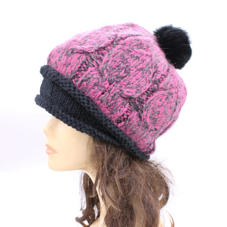 女冬季帽子批发兔毛边护耳女款冬帽创意款秋冬纯手工女士针织女帽