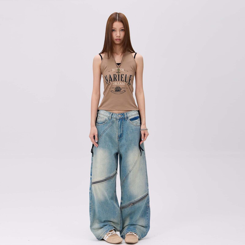 Washed Vintage Distressed Faded Design Loose Asymmetrical Irregular Patchwork Zipper Unisex Straight-Leg Jeans