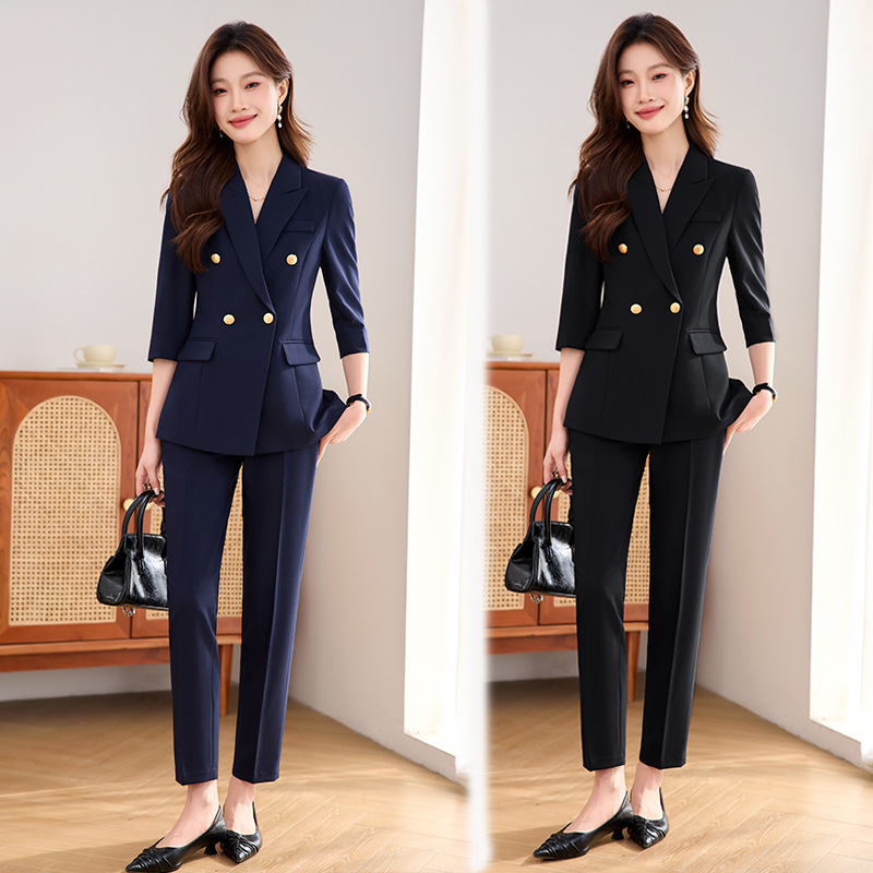 2025春夏季白领通勤七分袖气质双排扣西装工作服职业套装正装女