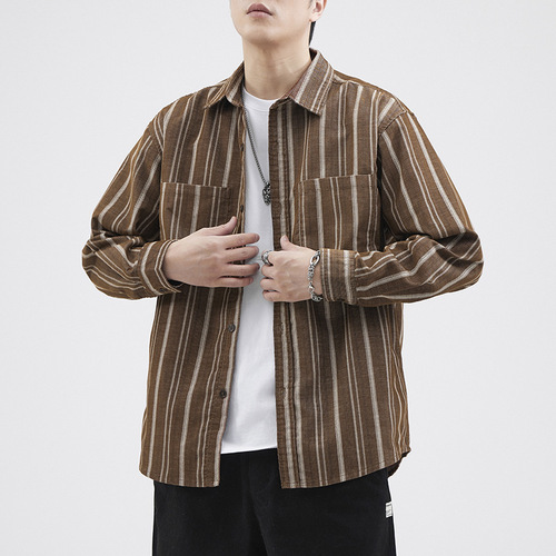 Japanese retro striped flannel long-sleeved shirt for men, long-sleeved shirt jacket, Instagram-inspired loose couple top, trendy