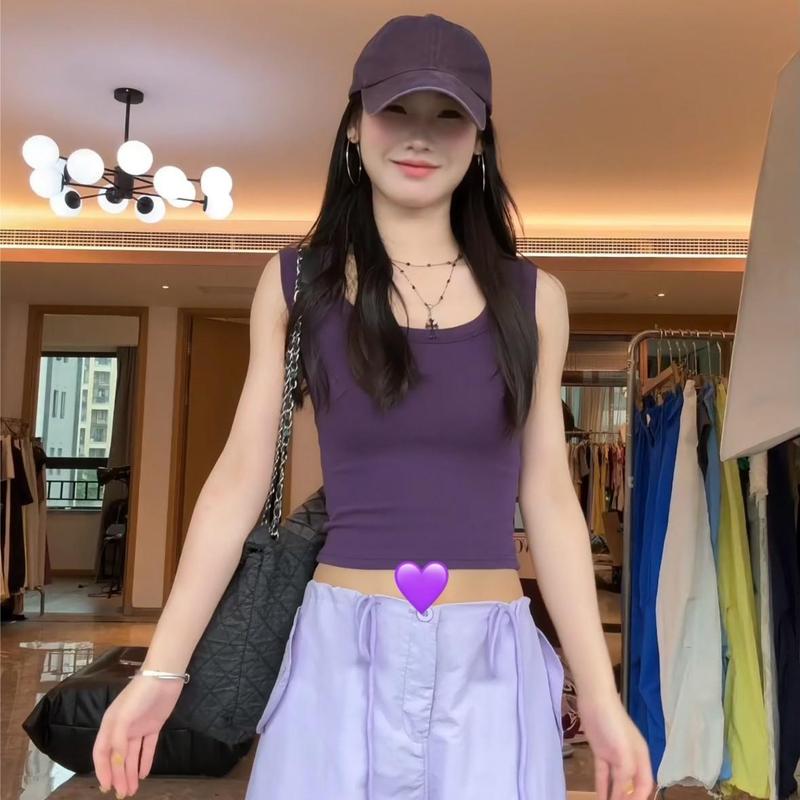 高密棉纯欲领遮副乳修身背心酒红色显白蓝草莓粉紫色|undefined