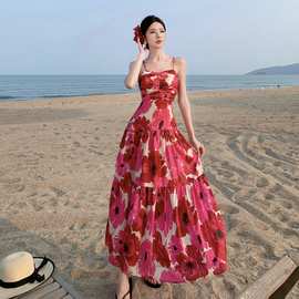 设计感纯欲风抹胸褶皱吊带露背复古碎花吊带长裙超仙度假沙滩裙子