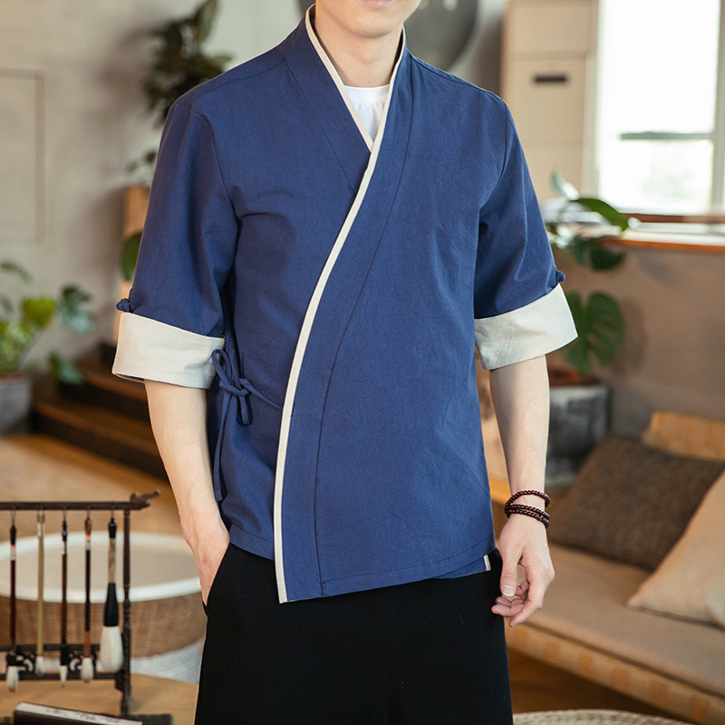 Verano Hanfu, cortavientos cortos de manga de cinco puntos para hombre, estilo étnico, servicio de té, cárdigan de capa china de manga media image 4