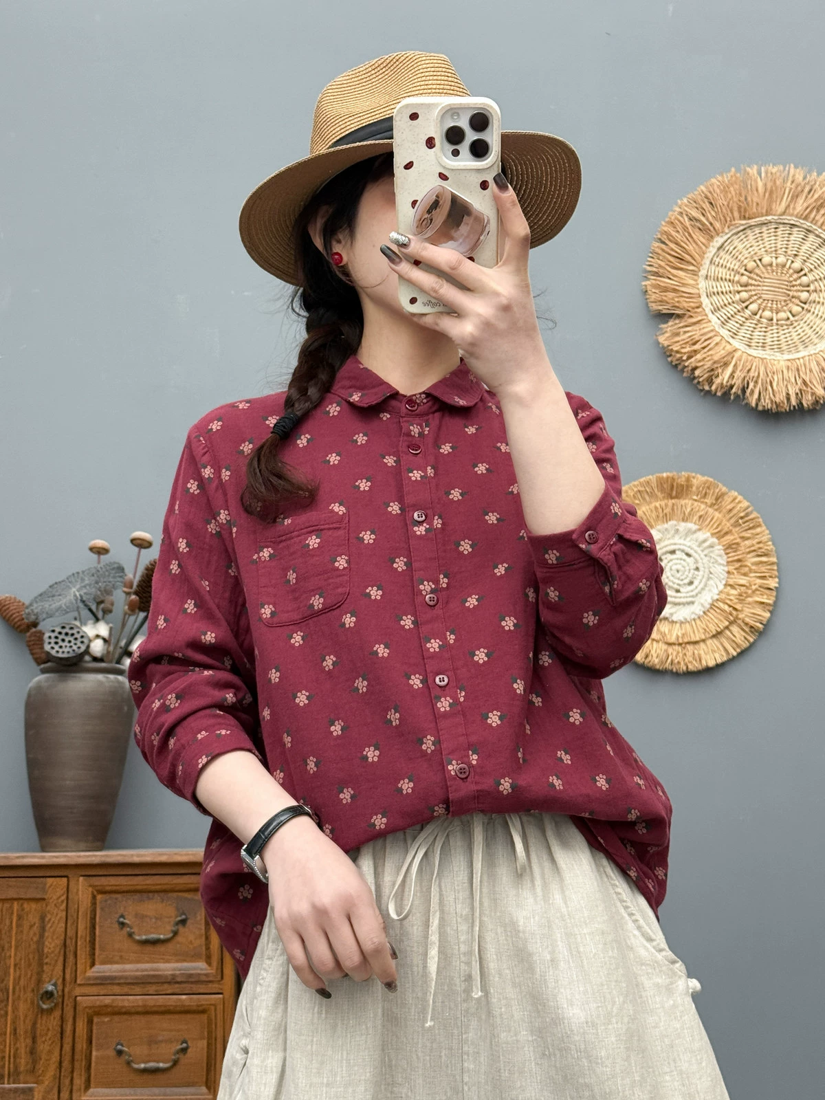 Корейская версия ретро литературного принта хлопчатобумажная рубашка новая повседневная мода женская дикая рубашка