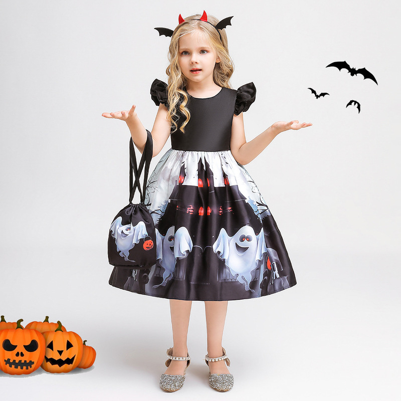 ハロウィンドレス 子供用コスプレ衣装 城の魔女プリントプリンセスドレス パーティーコスプレ衣装|undefined