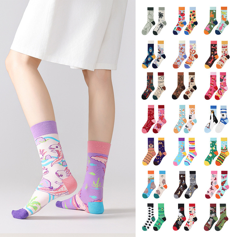 New Cross-Border Ab Socks for Women, Personalized Cartoon Sports Mid-High Socks, Couple's Mismatched Trendy Cotton Sports Socks