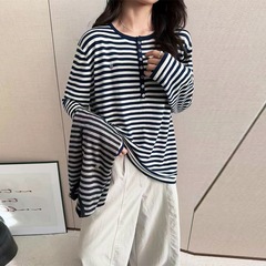 2025早秋新款圆领慵懒风穿搭拼色条纹提花长袖宽松针织衫上衣女