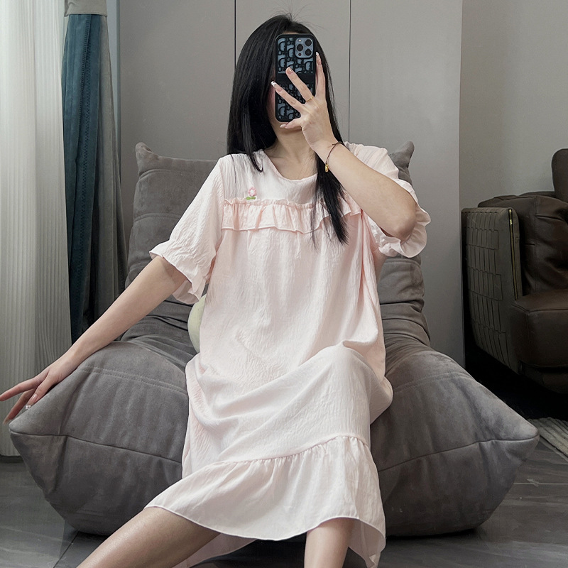 2026新款云朵棉睡裙女甜美宽松短袖花边纯色薄款可外穿睡衣家居服