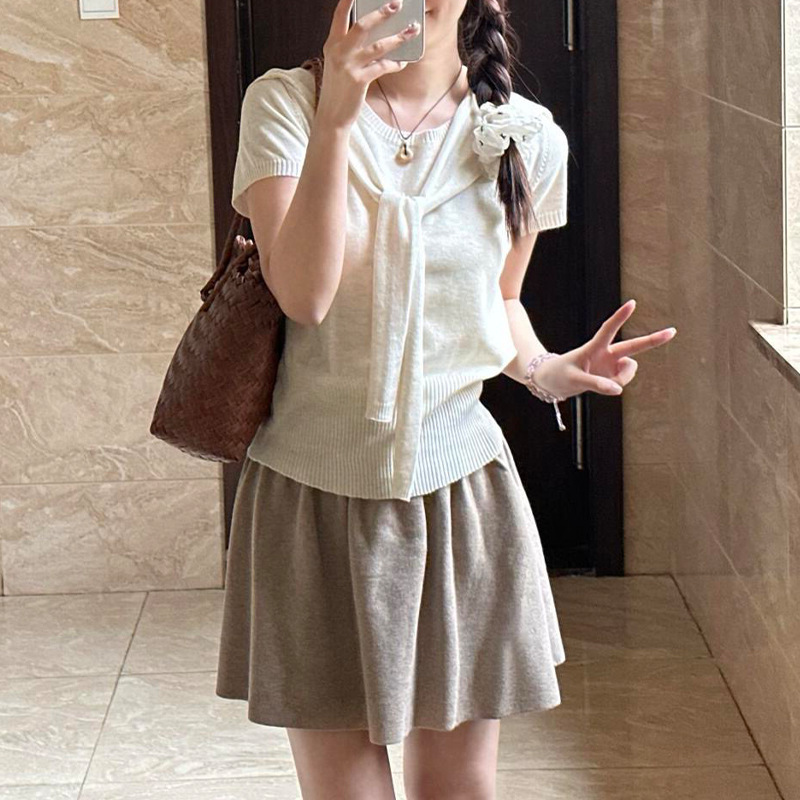 Qianyu 甘くて優しいスタイルのスーツショール半袖 Tシャツ女性の夏のハイウエスト A ラインスカート気質トップ|undefined
