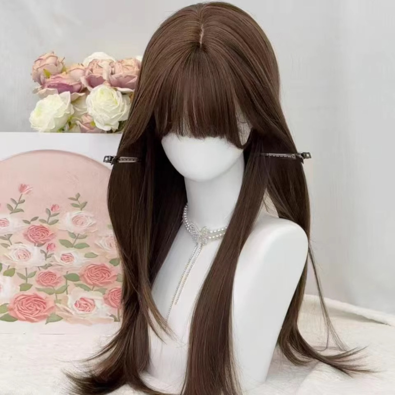 【Small Face Tea Brown】Koni Damenperücke in kühlem Braun, lange glatte Haare mit Pony, Vollkopfperücke empfohlen