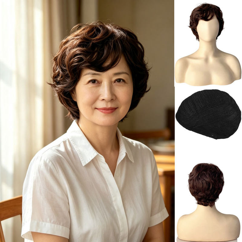 Whole Wig Short Straight Middle-aged and Elderly Wig Set Women's Short Hair Mother's Wig Micro-curled Fluffy Natural Headgear