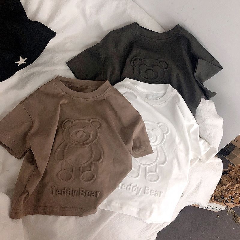 Boys' T-Shirt Embossed Bear Korean Kidsren's Stereo Embossed Soft Cotton Short-Sleeved T-Shirt Casual Tops for Boys and Girls